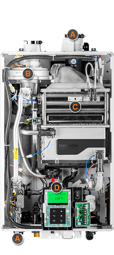 Navien NPE-A2 internal components diagram showing dual heat exchangers, PVC venting, and EZNav control panel