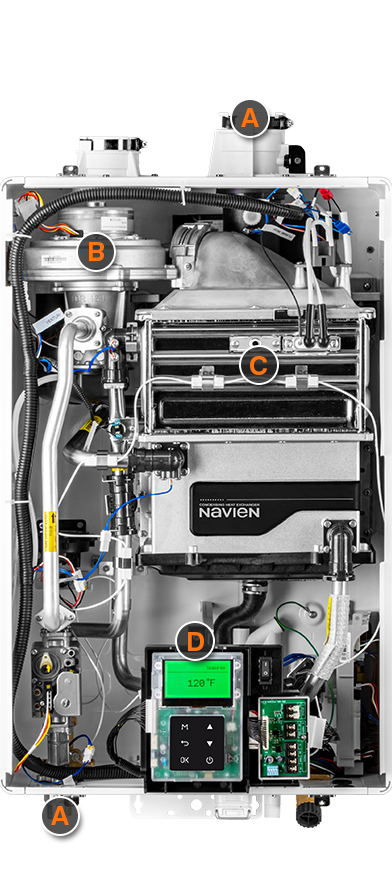 Navien NPE-S2 internal components diagram showing dual heat exchangers, PVC venting, and EZNav control panel