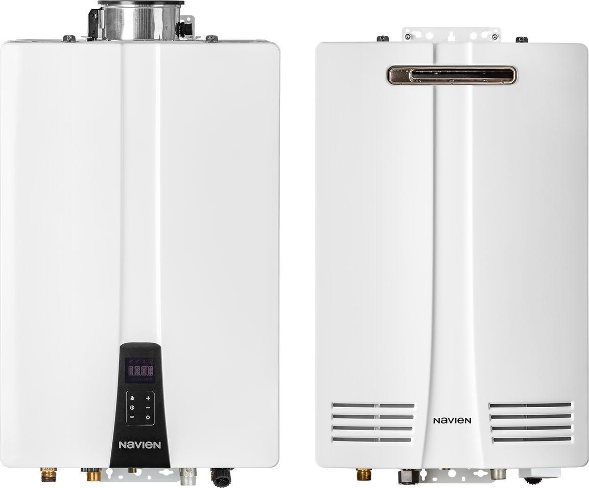 Navien NHW-AI indoor and NHW-AE outdoor non-condensing tankless water heaters side by side