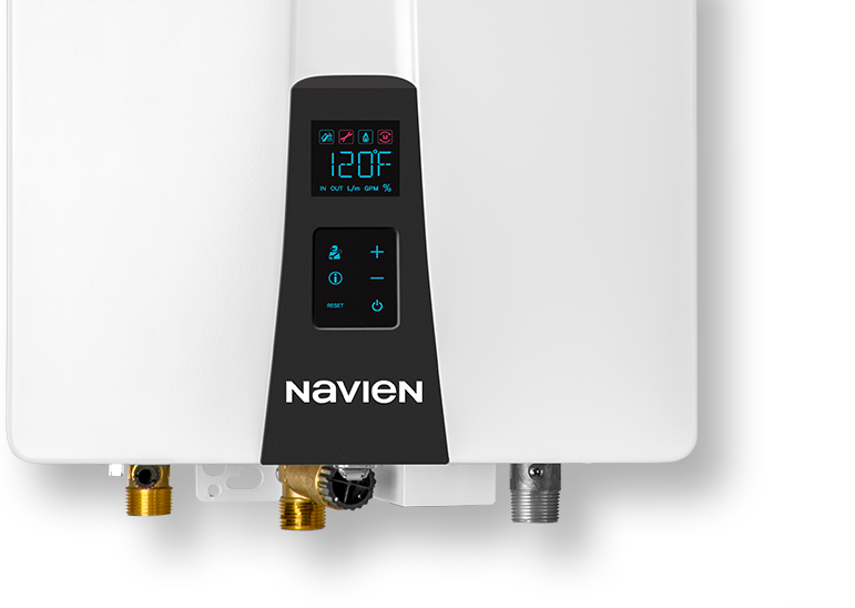 Navien NHW-AI front panel control interface showing temperature and recirculation timer controls