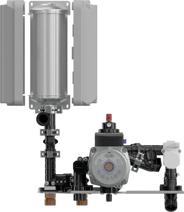 Navien NHW-AE ComfortFlow technology diagram showing hot water flow and weatherproof design
