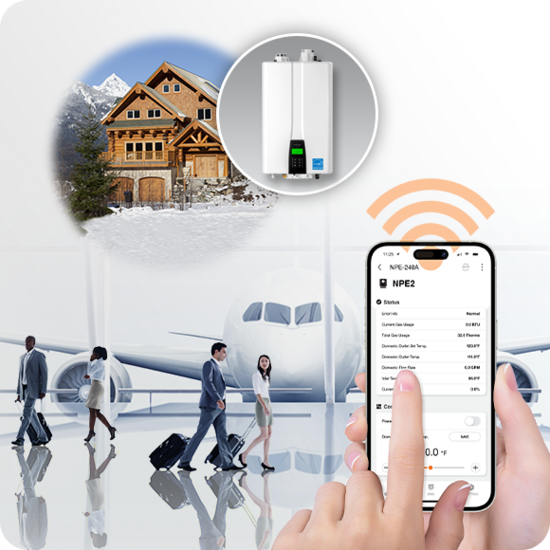NaviLink Wi-Fi app controlling Navien tankless water heater from a smartphone